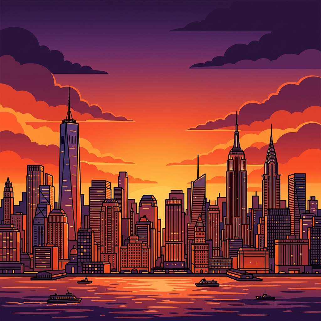 NYC skyline at sunset